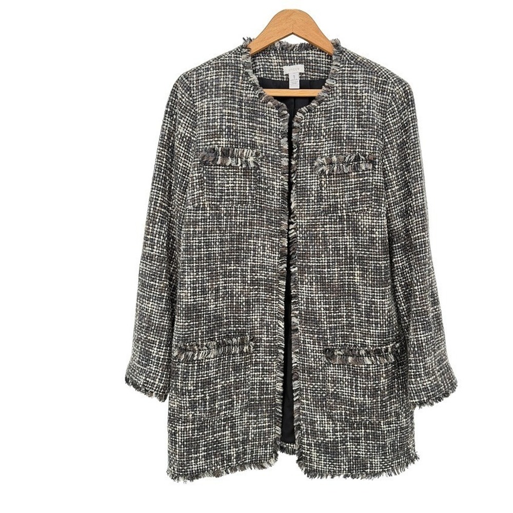 Chicos Jacket Tweed Fringe Open‎ Front Longline Career Elevated Classic Sz SM/MD